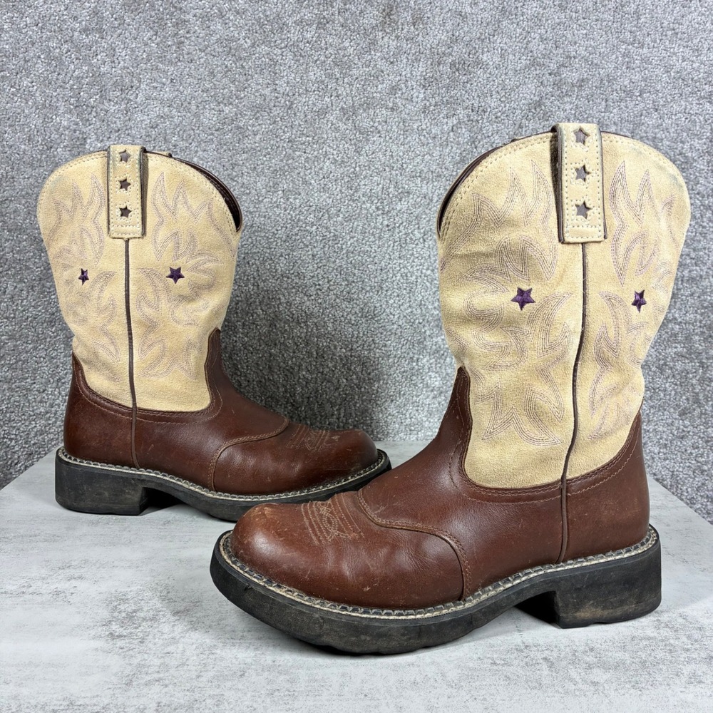 Ariat Boots Womens 9.5 Fatbaby Brown Tan Star Embroidery Leather Farmcore Rodeo